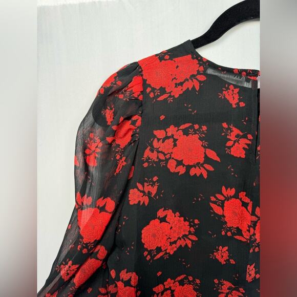 Zara Women’s Sheer Chiffon Black Red Floral Blouse Size Medium - Picture 10 of 15